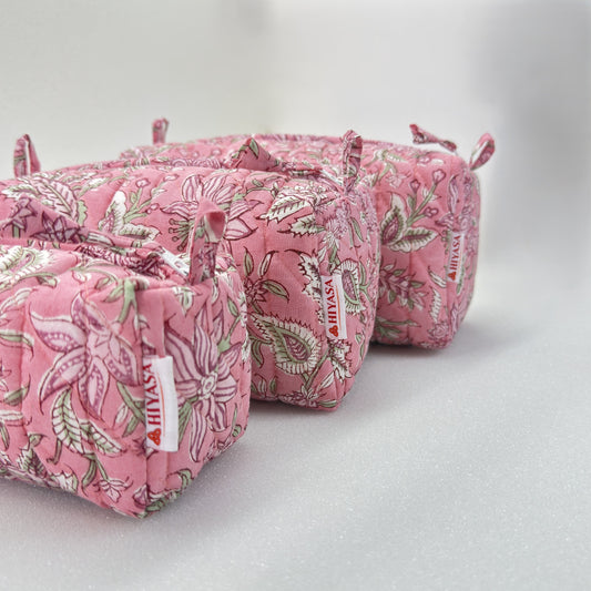 Blissful Pink - Set of 3 Handblock Printed Quilted Pouches | Crafted in Jaipur