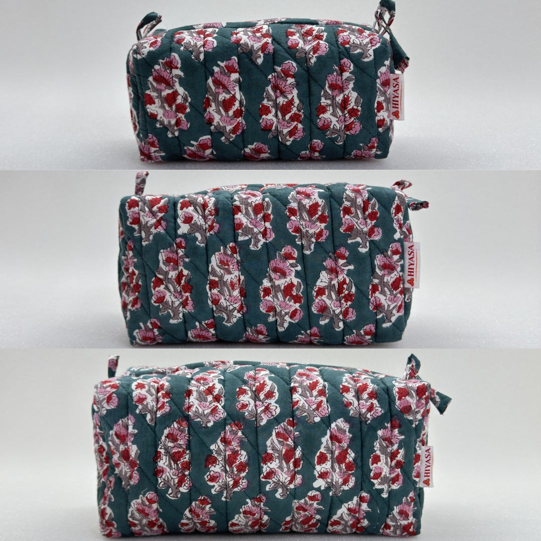 Graceful Emerald - Set of 3 Handblock Printed Quilted Pouches | Crafted in Jaipur