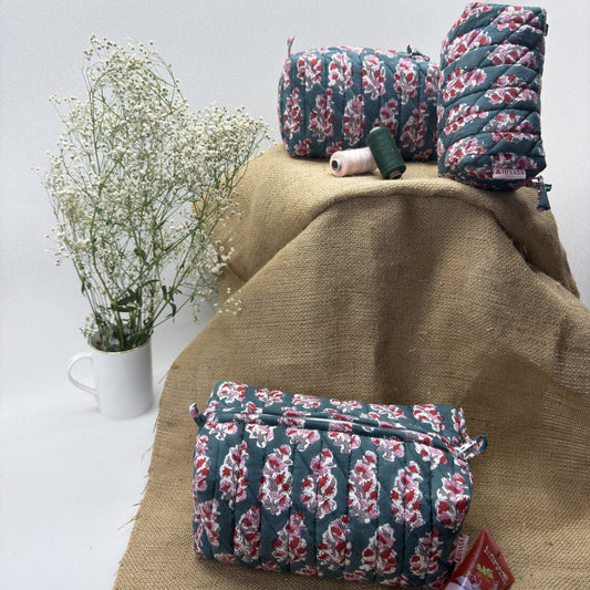 Graceful Emerald - Set of 3 Handblock Printed Quilted Pouches | Crafted in Jaipur