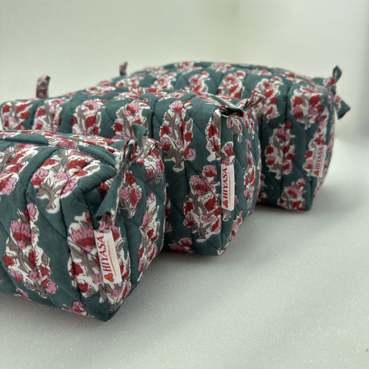 Graceful Emerald - Set of 3 Handblock Printed Quilted Pouches | Crafted in Jaipur
