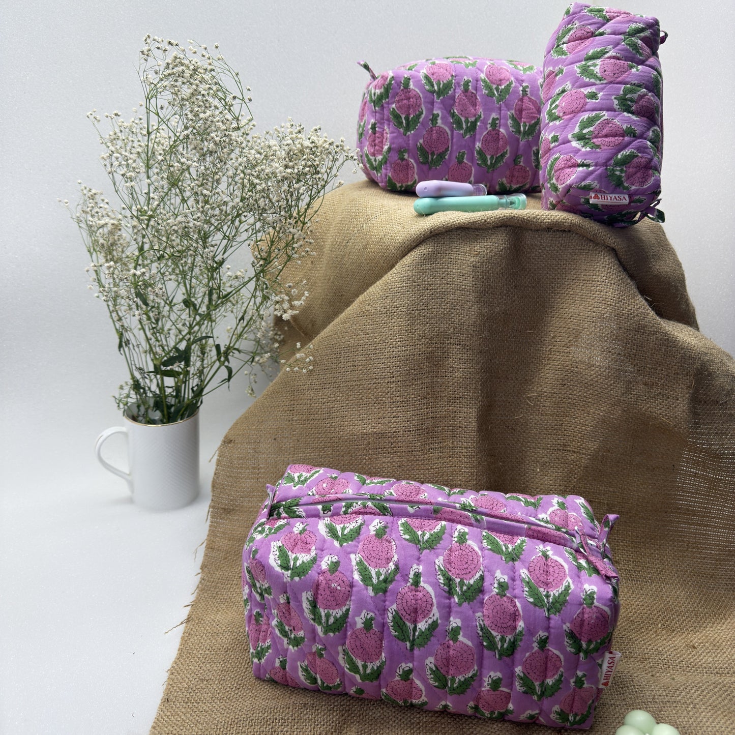 Lively Lilac - Set of 3 Handblock Printed Quilted Pouches | Crafted in Jaipur
