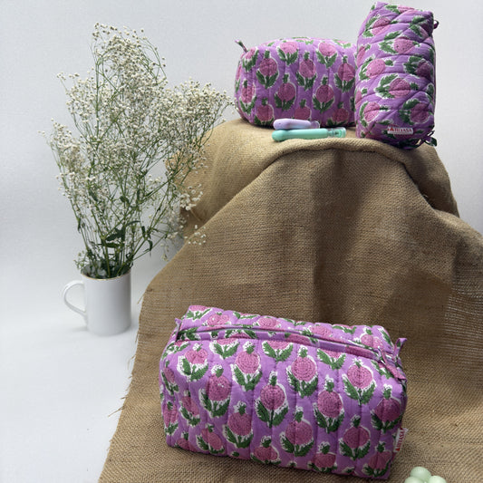Lively Lilac - Set of 3 Handblock Printed Quilted Pouches | Crafted in Jaipur