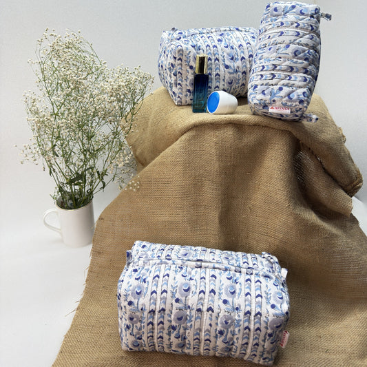 Hopeful Moonbloom - Set of 3 Handblock Printed Quilted Pouches | Crafted in Jaipur