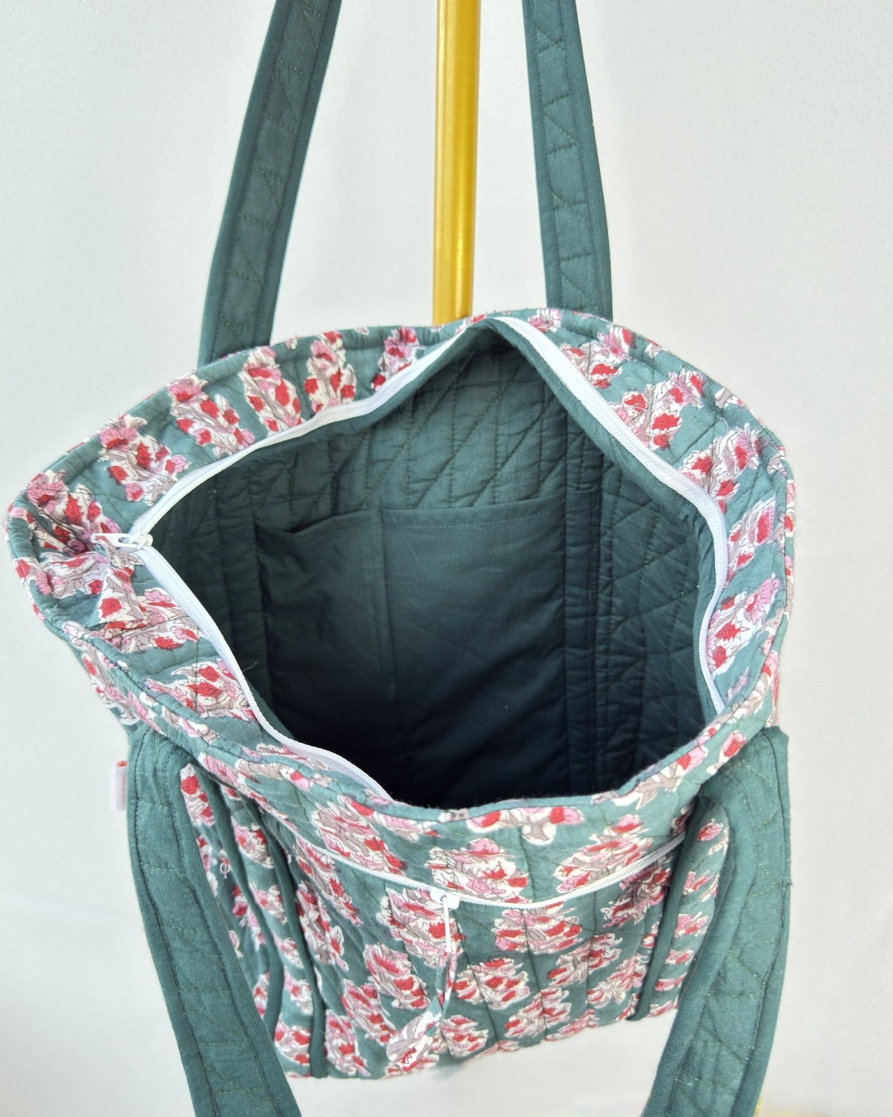 Graceful Emerald Quilted Tote Bag | Made in Jaipur