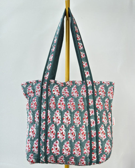 Graceful Emerald Quilted Tote Bag | Made in Jaipur