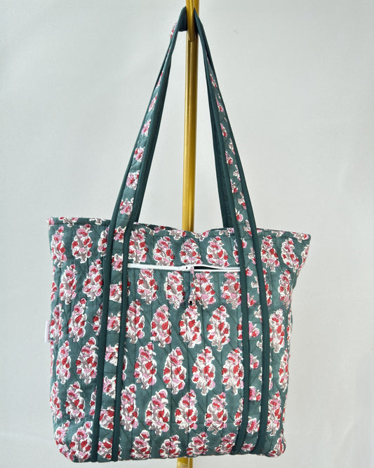 Graceful Emerald Quilted Tote Bag | Made in Jaipur