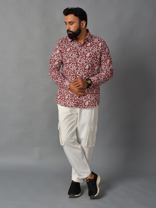 Earthy Red Men’s Handblock Full Sleeve Shirt - Woven with Purpose, Worn with Pride