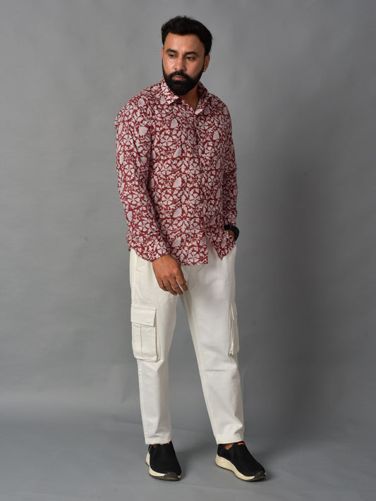 Earthy Red Men’s Handblock Full Sleeve Shirt - Woven with Purpose, Worn with Pride