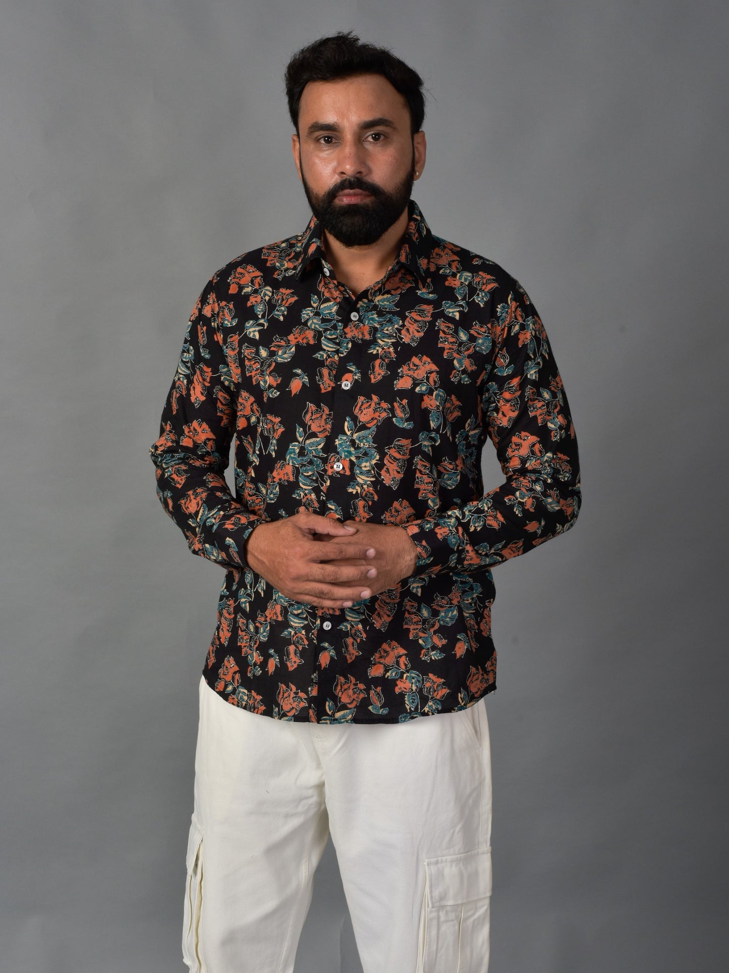 Playful Black Men’s Handblock Full Sleeve Shirt - Woven with Purpose, Worn with Pride