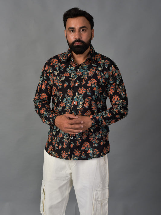 Playful Black Men’s Handblock Full Sleeve Shirt - Woven with Purpose, Worn with Pride