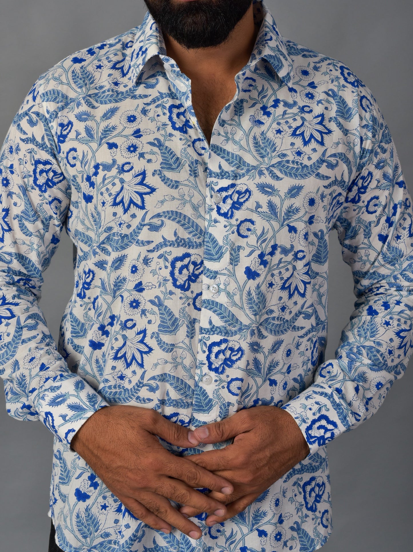 Soothing Blue Men’s Handblock Full Sleeve Shirt - Woven with Purpose, Worn with Pride