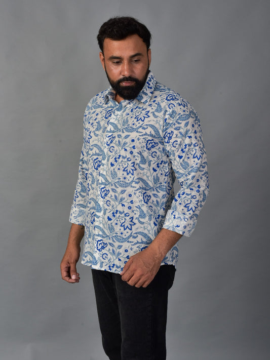 Soothing Blue Men’s Handblock Full Sleeve Shirt - Woven with Purpose, Worn with Pride