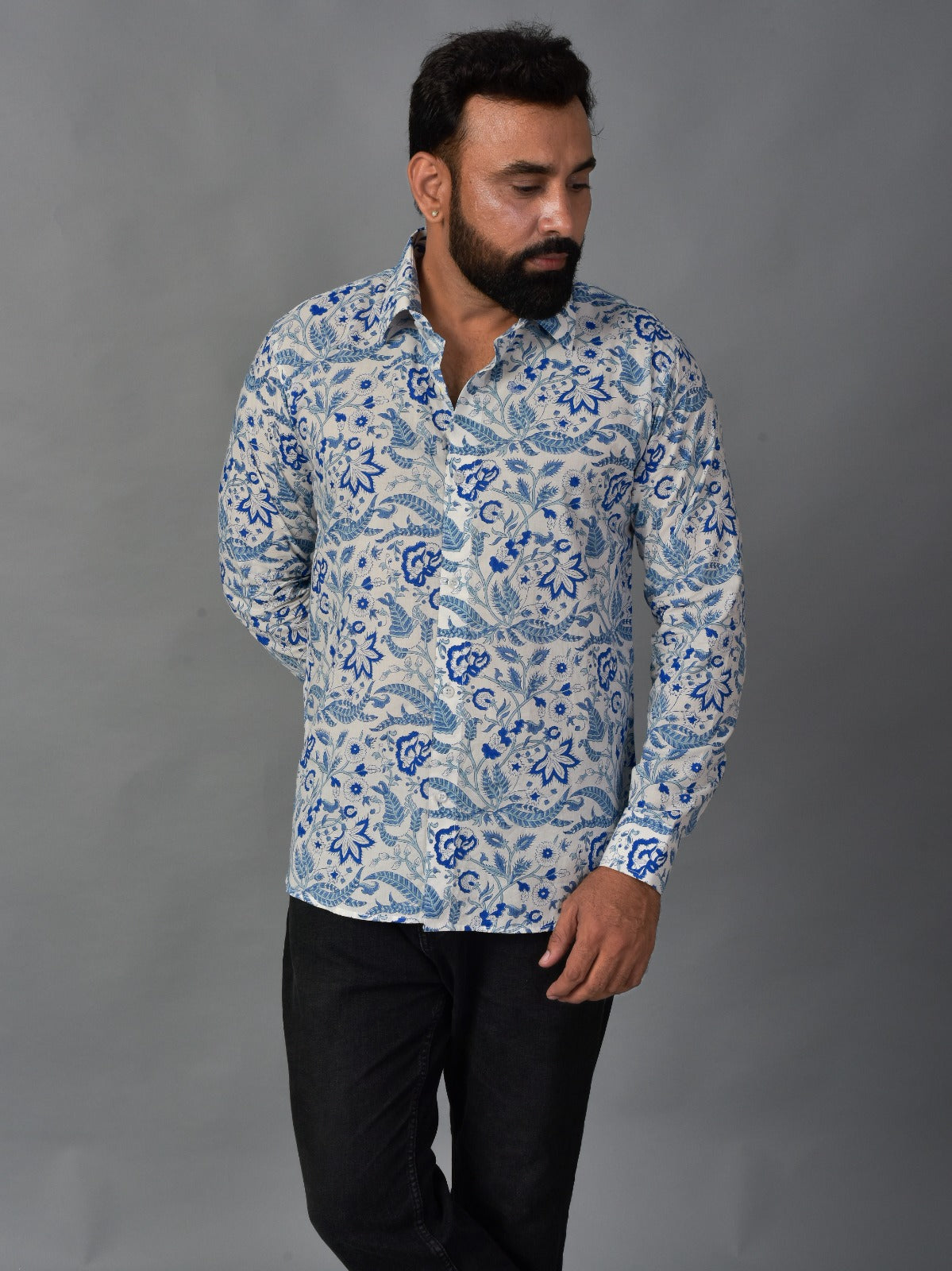 Soothing Blue Men’s Handblock Full Sleeve Shirt - Woven with Purpose, Worn with Pride