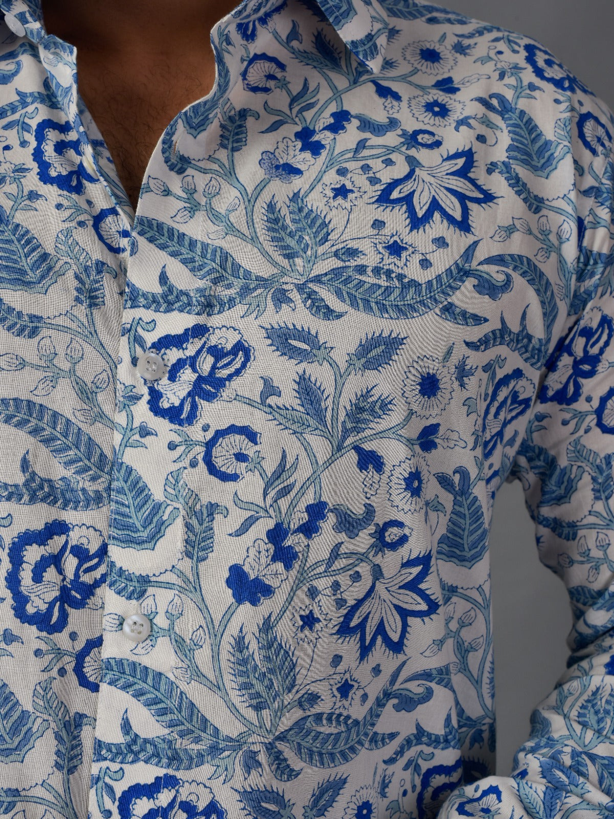 Soothing Blue Men’s Handblock Full Sleeve Shirt - Woven with Purpose, Worn with Pride