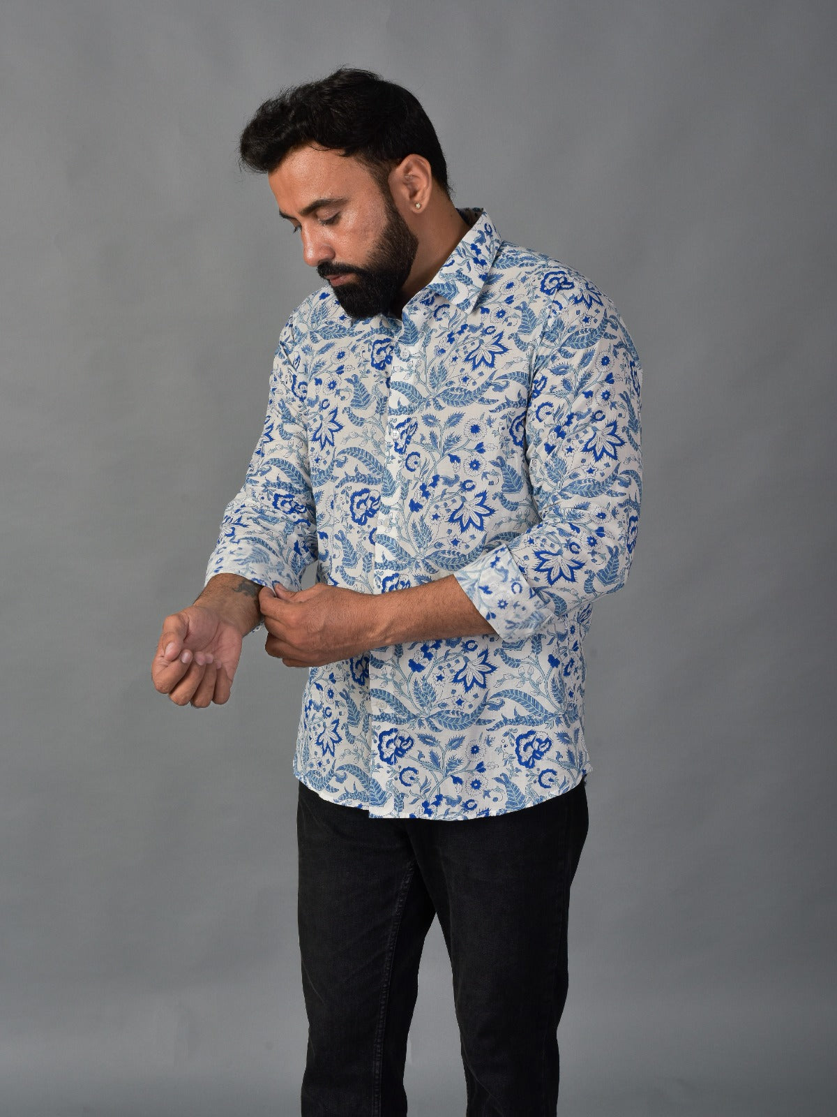 Soothing Blue Men’s Handblock Full Sleeve Shirt - Woven with Purpose, Worn with Pride