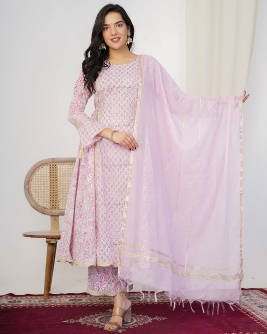 Loveable Pink Anarkali Three Piece Suit with Chanderi Dupatta