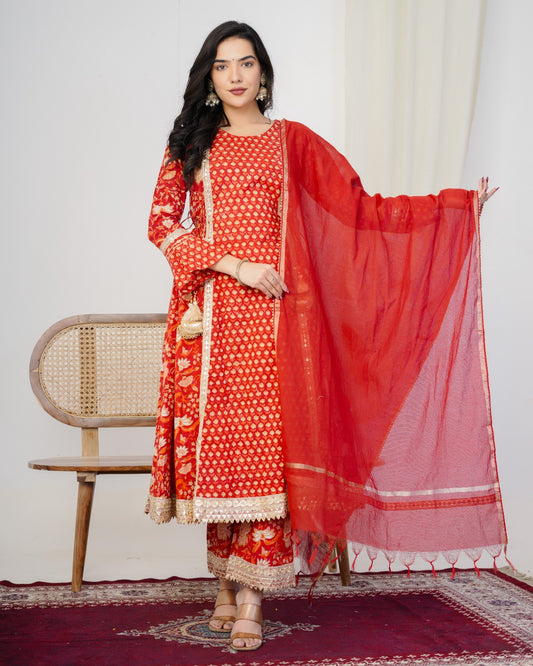 Radiant Red Anarkali Three Piece Suit with Chanderi Dupatta