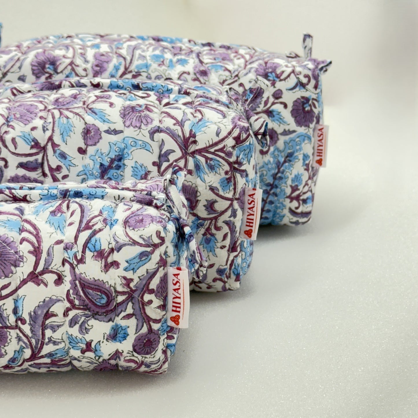 Tranquil Violet - Set of 3 Handblock Printed Quilted Pouches | Crafted in Jaipur