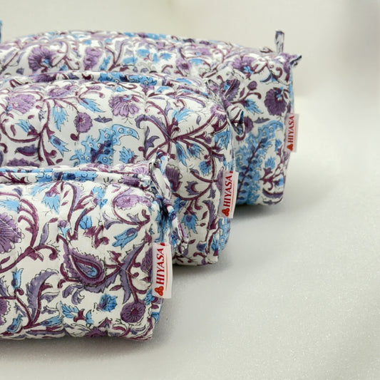 Tranquil Violet - Set of 3 Handblock Printed Quilted Pouches | Crafted in Jaipur