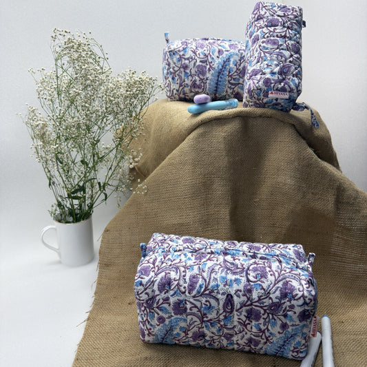 Tranquil Violet - Set of 3 Handblock Printed Quilted Pouches | Crafted in Jaipur