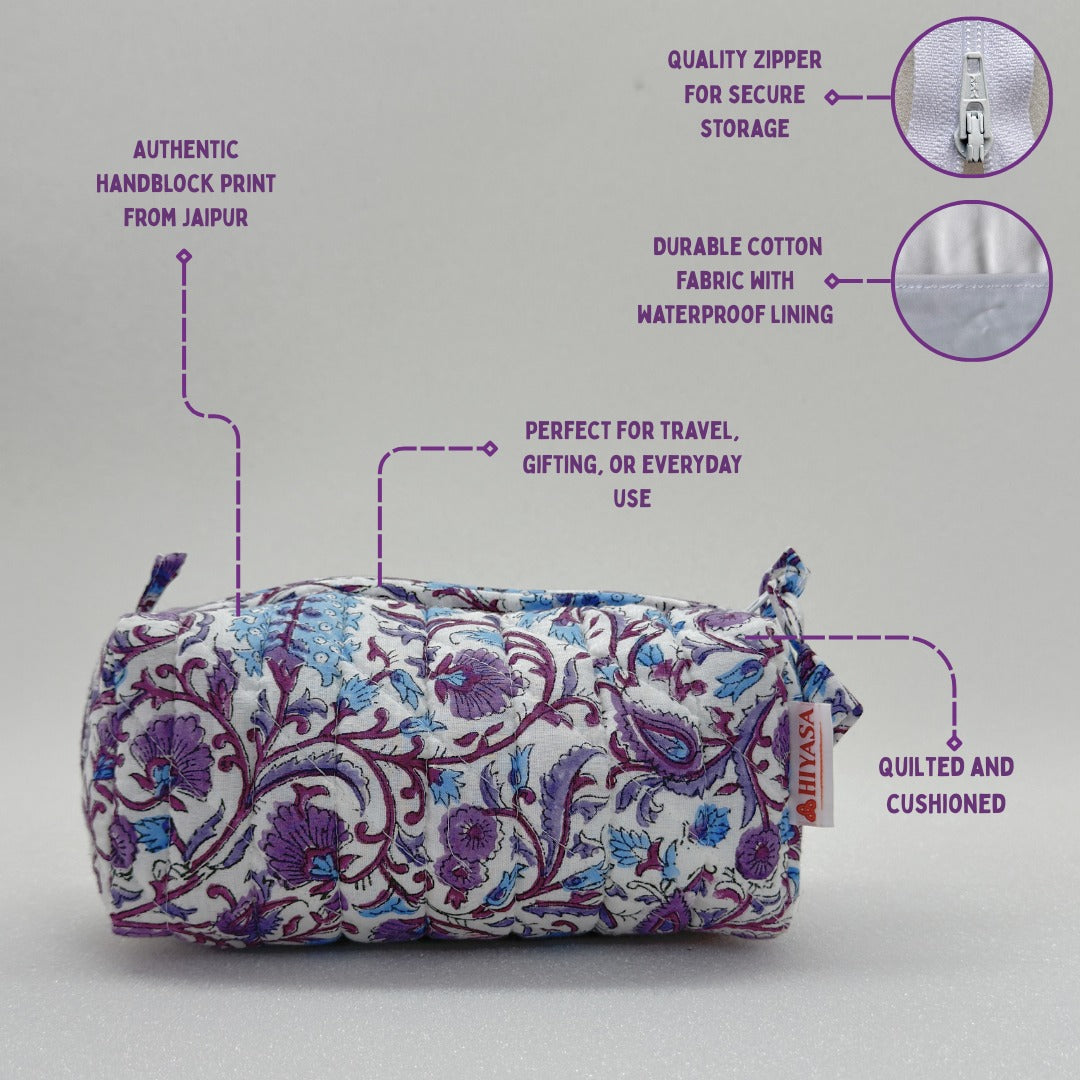 Tranquil Violet - Set of 3 Handblock Printed Quilted Pouches | Crafted in Jaipur