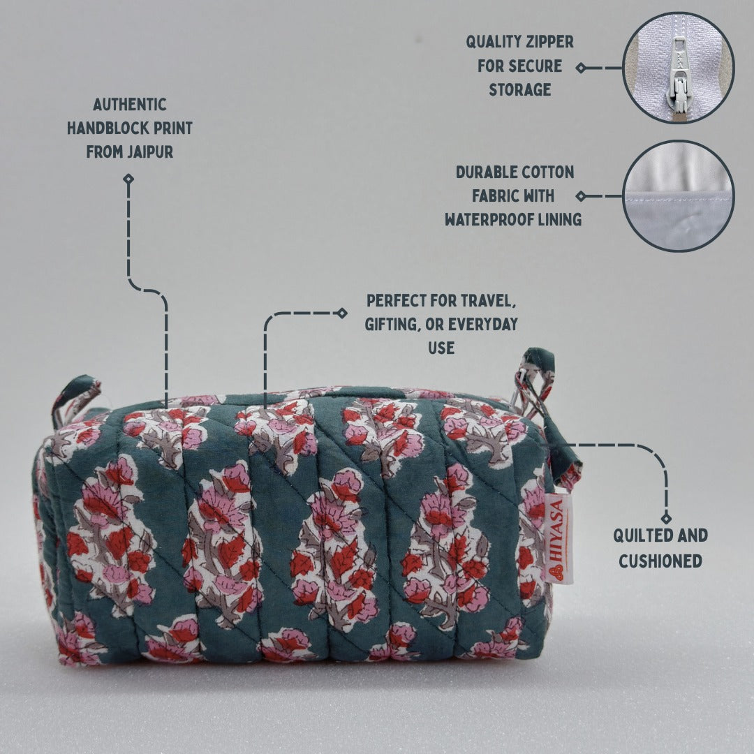 Graceful Emerald - Set of 3 Handblock Printed Quilted Pouches | Crafted in Jaipur