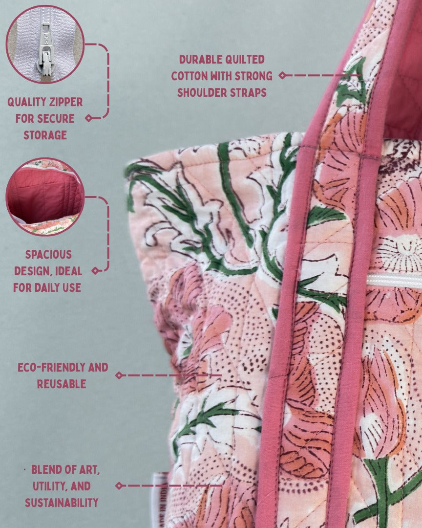 Peaceful Peach Quilted Tote Bag | Made in Jaipur