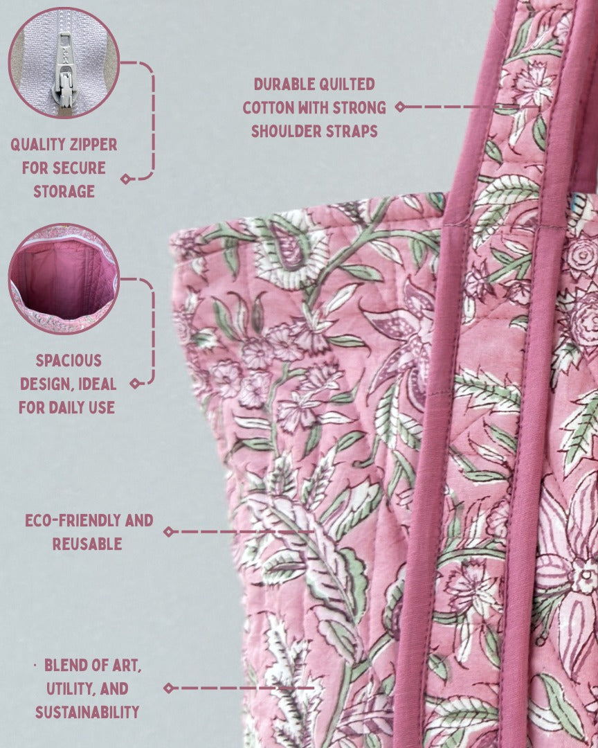 Blissful Pink Quilted Tote Bag | Made in Jaipur