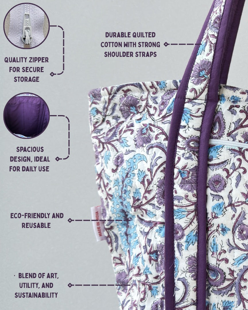 Tranquil Violet Quilted Tote Bag | Made in Jaipur