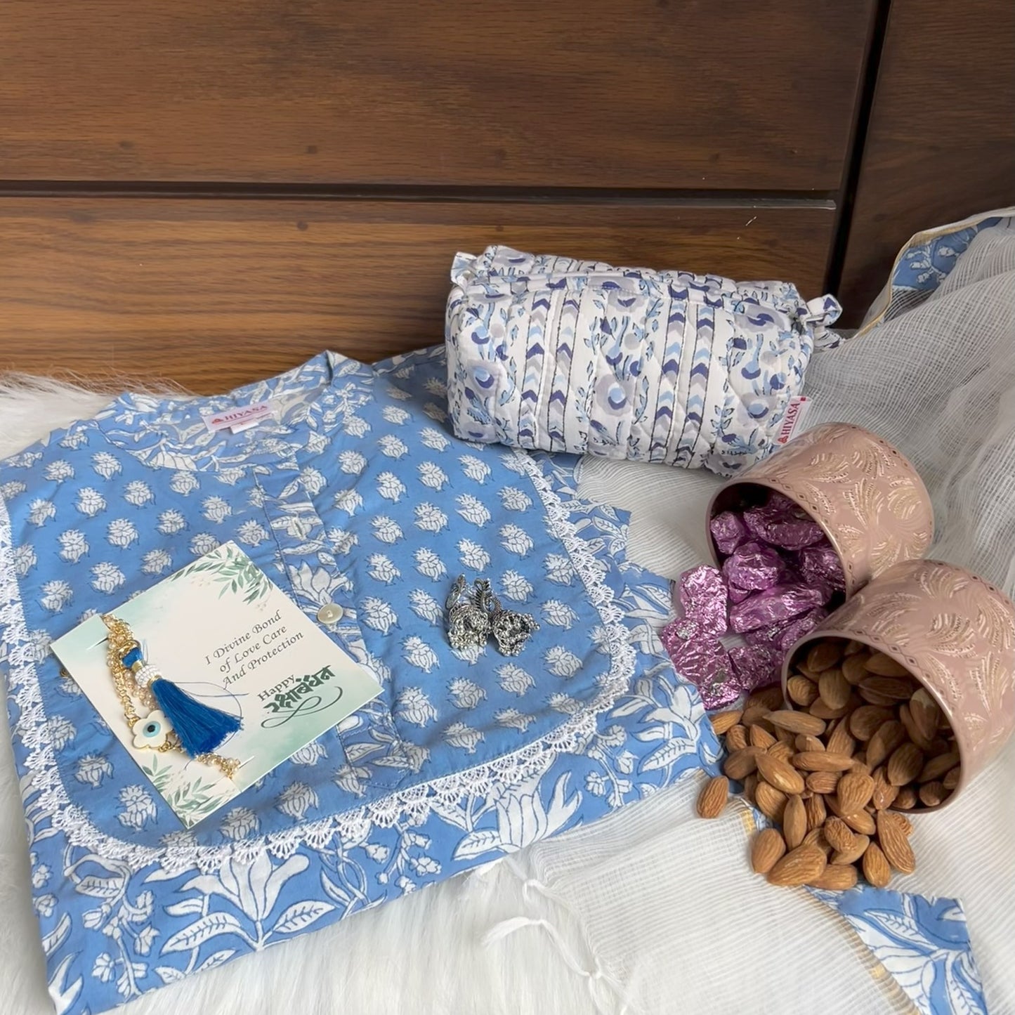 Calm Blue Three Piece Dress Hiyasa Rakhi Hamper - For Sisters
