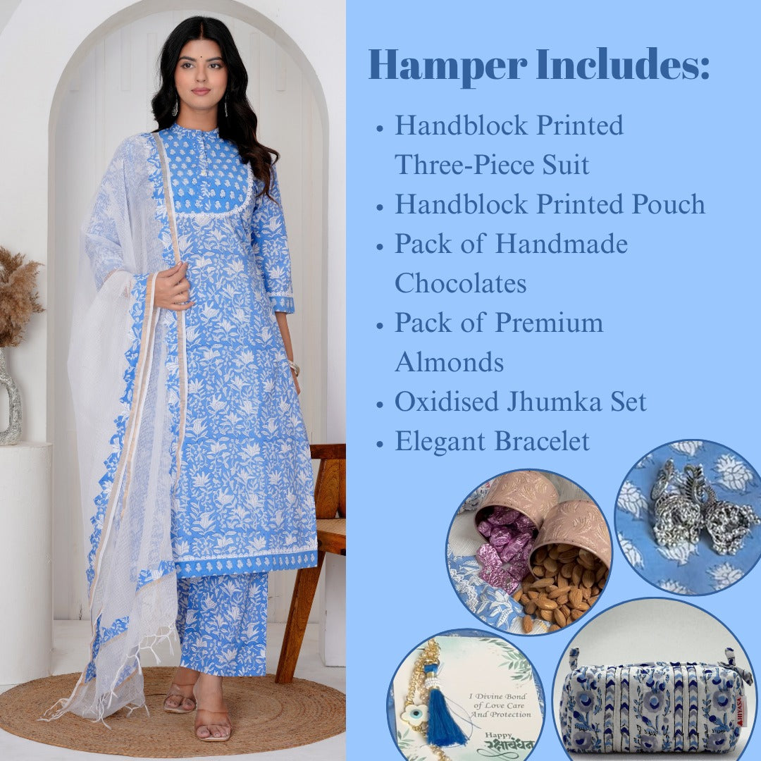 Calm Blue Three Piece Dress Hiyasa Rakhi Hamper - For Sisters