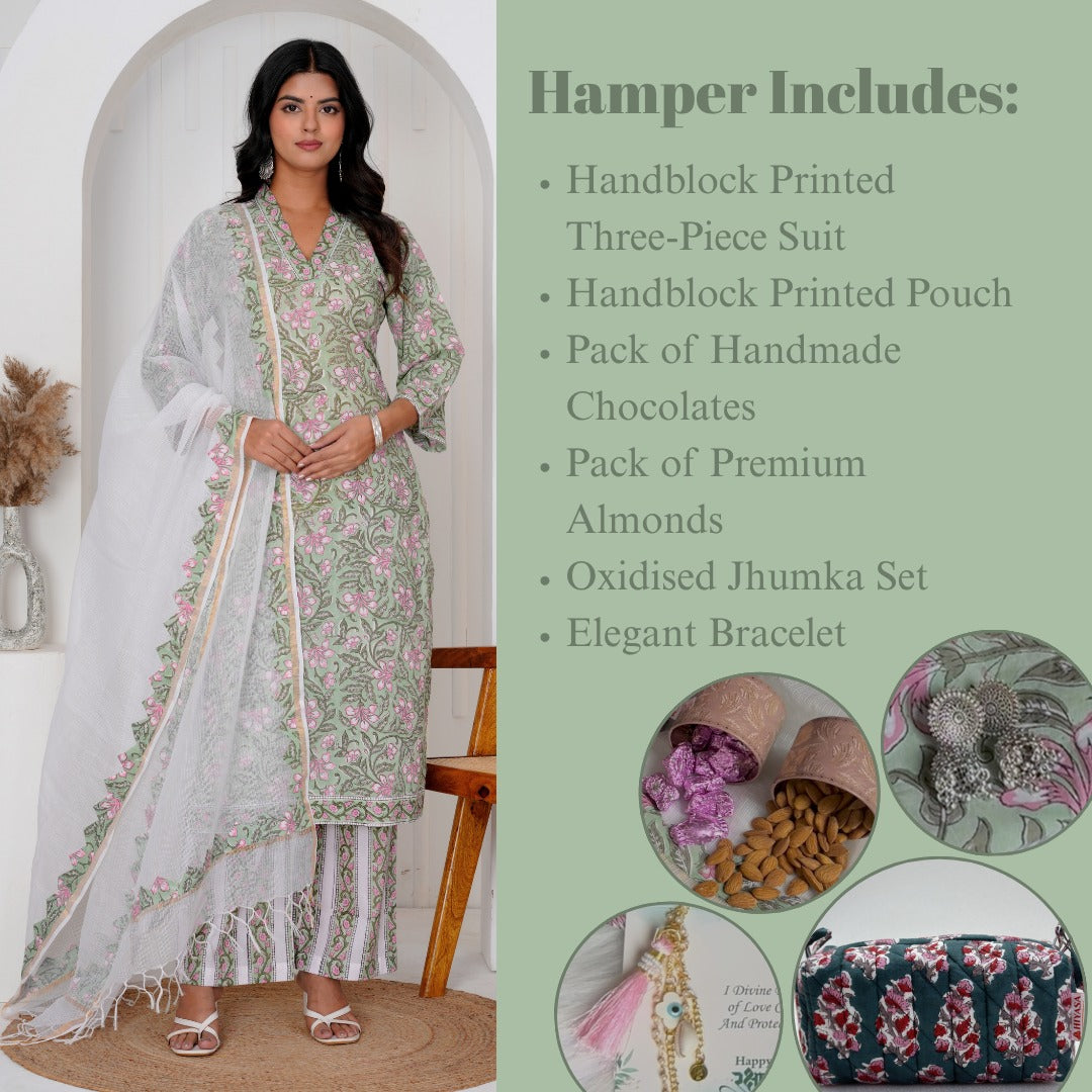 Bloom Green Three Piece Dress Hiyasa Rakhi Hamper - For Sisters