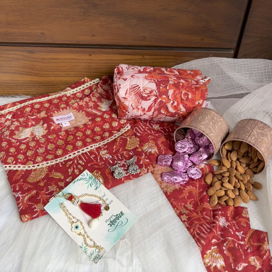 Radiant Red Three Piece Dress Hiyasa Rakhi Hamper - For Sisters