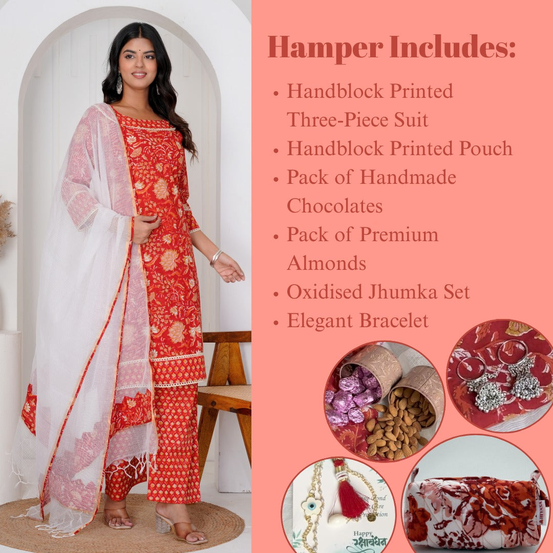 Radiant Red Three Piece Dress Hiyasa Rakhi Hamper - For Sisters