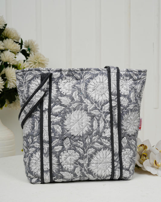 Elegant Grey Quilted Tote Bag | Made in Jaipur