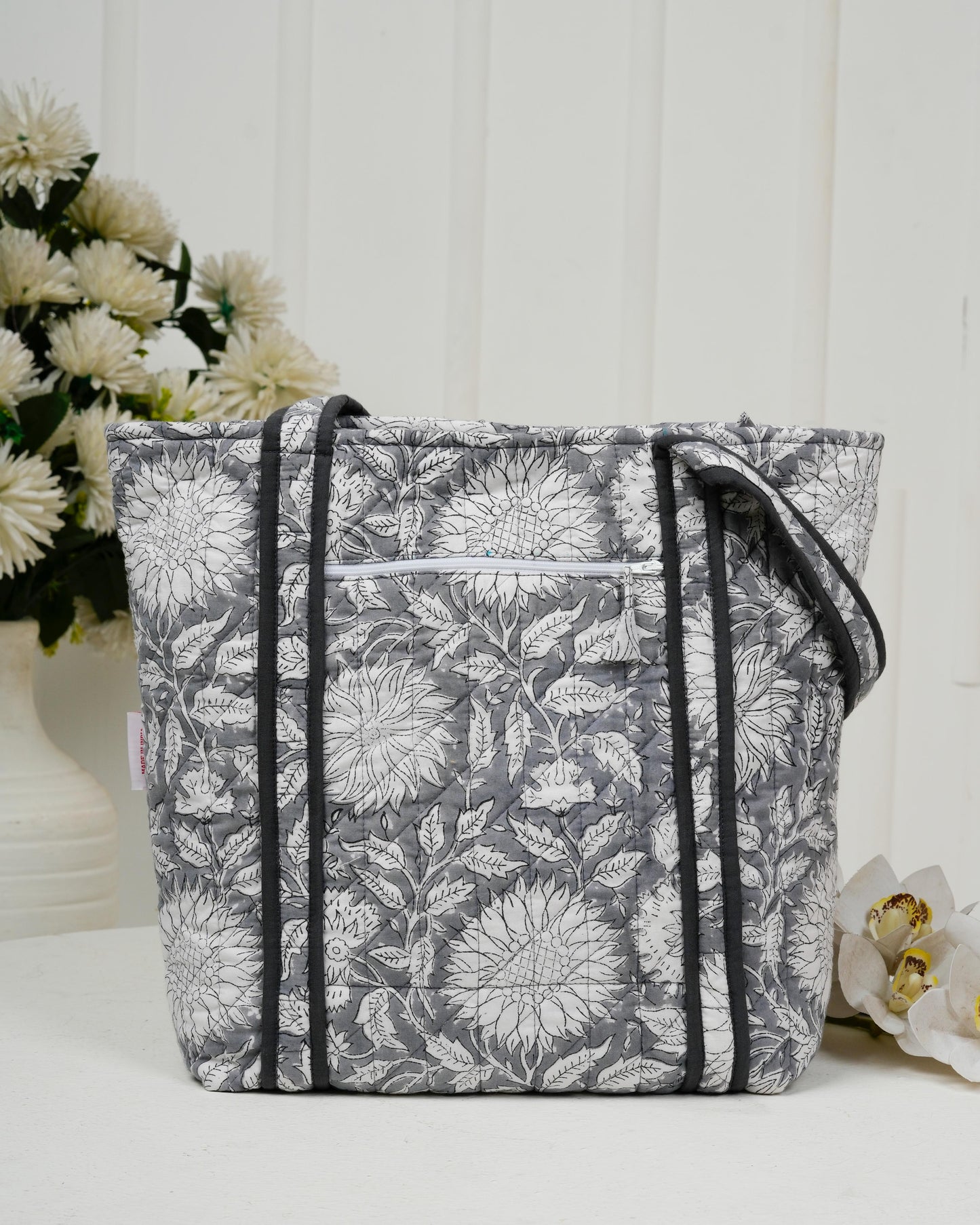Elegant Grey Quilted Tote Bag | Made in Jaipur