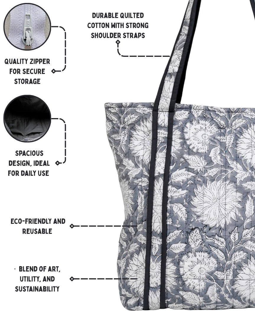 Elegant Grey Quilted Tote Bag | Made in Jaipur