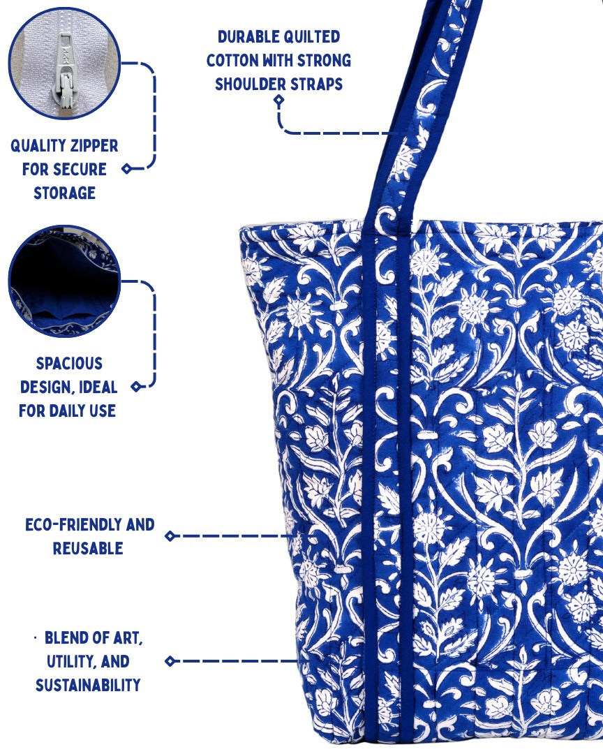 Royal Blue Quilted Tote Bag | Made in Jaipur