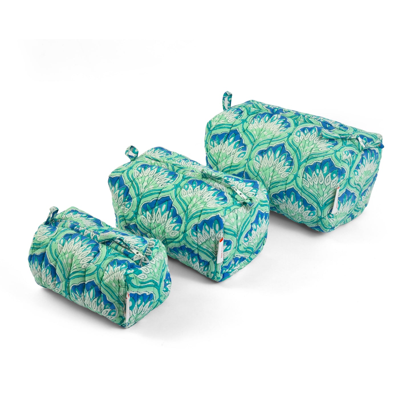 Glowing Peacock - Set of 3 Handblock Printed Quilted Pouches | Crafted in Jaipur