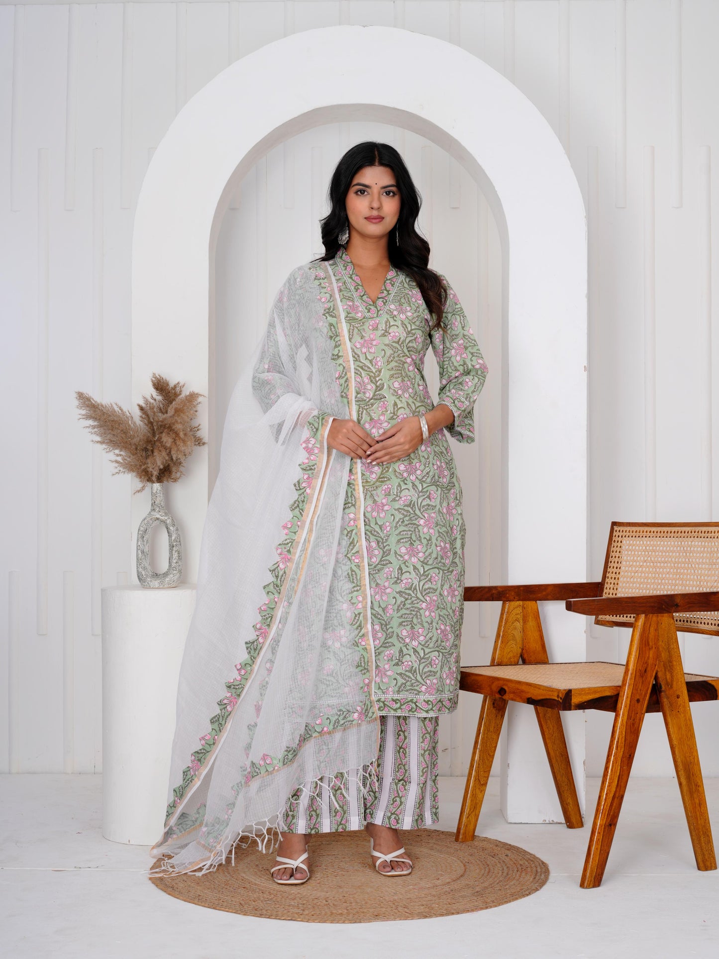 Bloom Green Three Piece Suit with Kota Doriya Dupatta