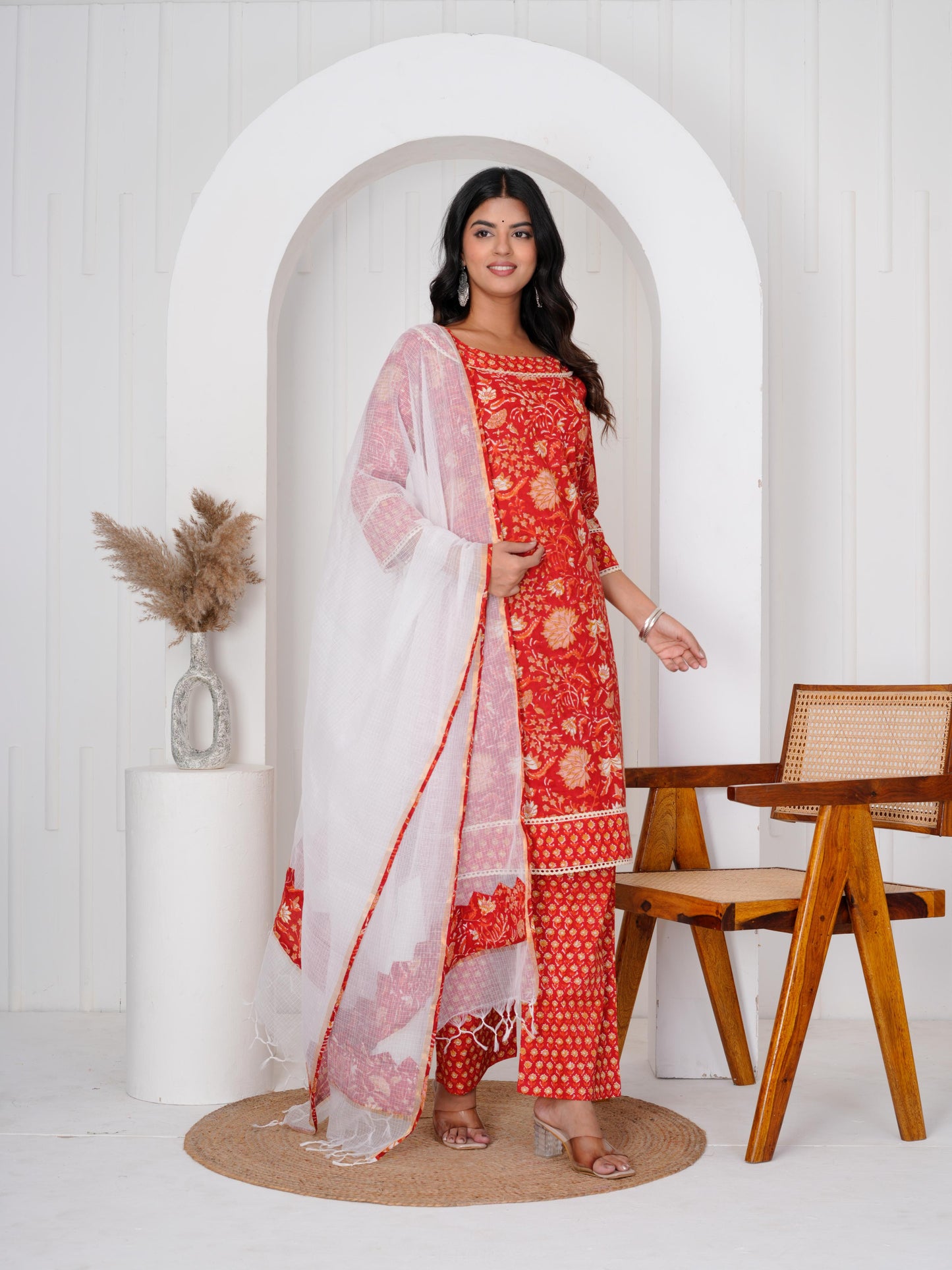 Radiant Red Three Piece Suit with Kota Doriya Dupatta