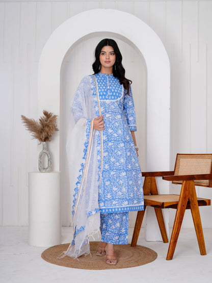 Calm Blue Three Piece Suit with Kota Doriya Dupatta