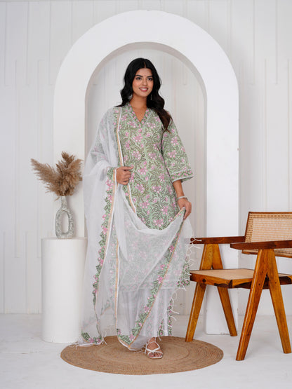 Bloom Green Three Piece Suit with Kota Doriya Dupatta