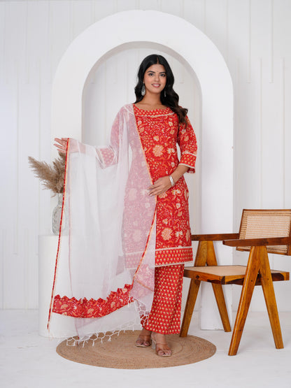 Radiant Red Three Piece Suit with Kota Doriya Dupatta