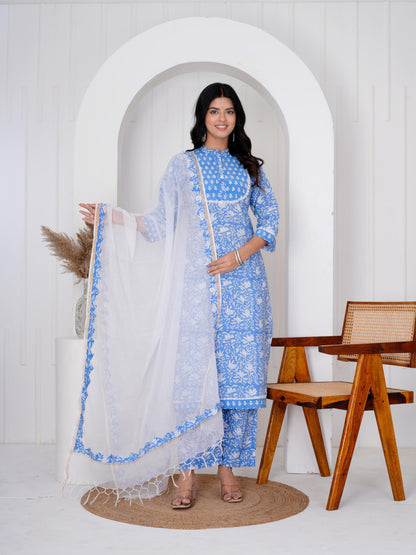 Calm Blue Three Piece Suit with Kota Doriya Dupatta