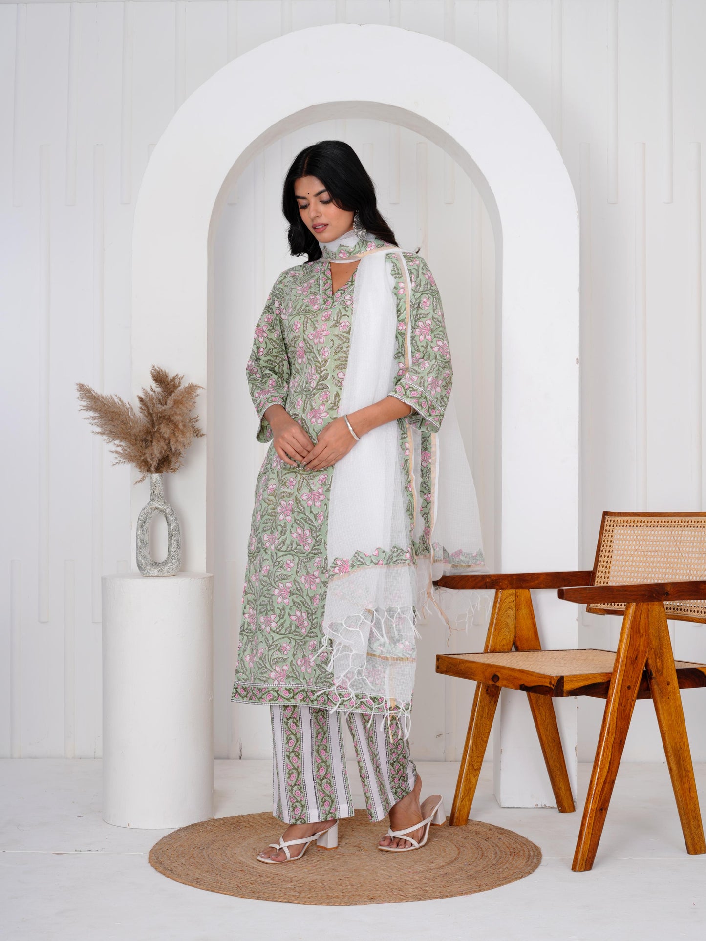 Bloom Green Three Piece Suit with Kota Doriya Dupatta