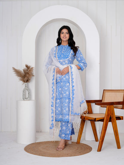 Calm Blue Three Piece Suit with Kota Doriya Dupatta