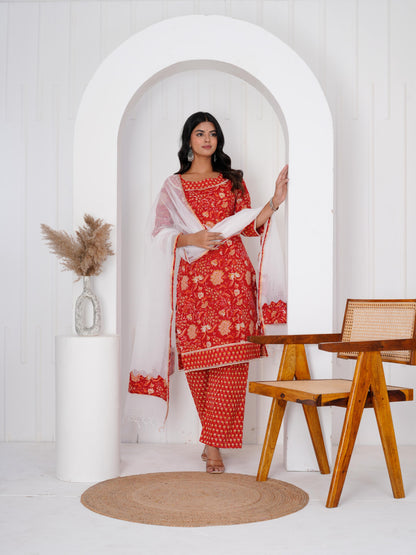 Radiant Red Three Piece Suit with Kota Doriya Dupatta