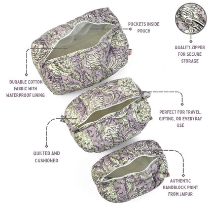 Lilac Joy - Set of 3 Handblock Printed Quilted Pouches | Crafted in Jaipur
