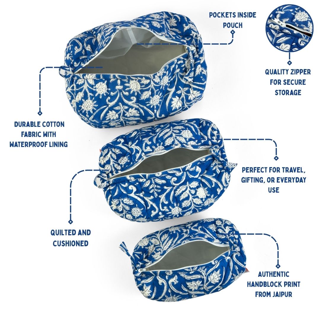 Royal Blue - Set of 3 Handblock Printed Quilted Pouches | Crafted in Jaipur